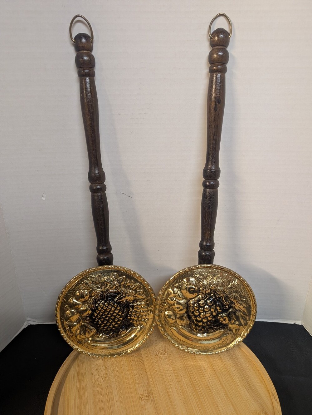 Vintage 60s  Brass Wood Wall Pocket Bed Warmer Hanging Rustic Home Decor Set Lot